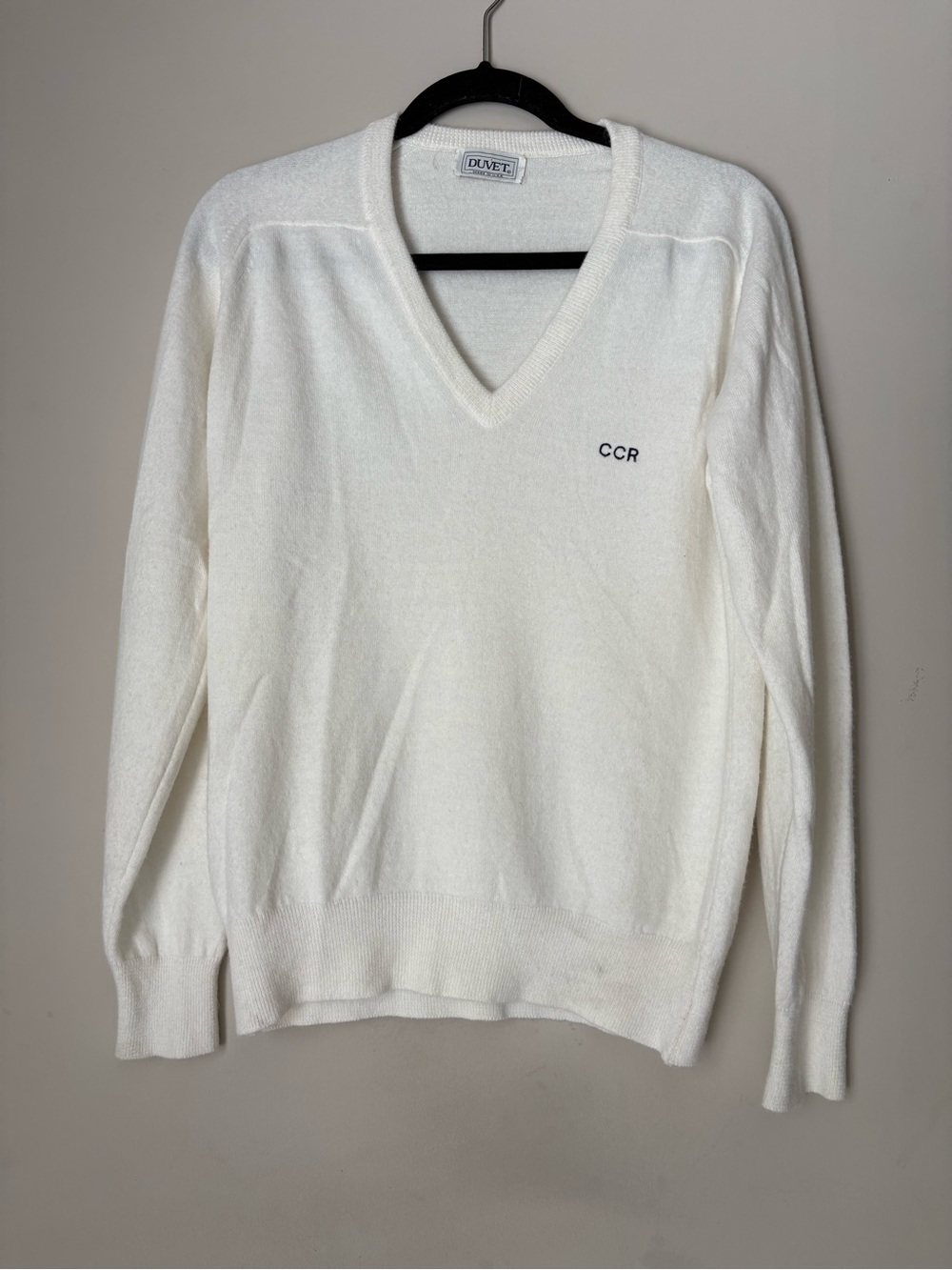 DUVET Ivory V-Neck Sweater with CCR Embroidery - Men L Casual, Fall Fashion
